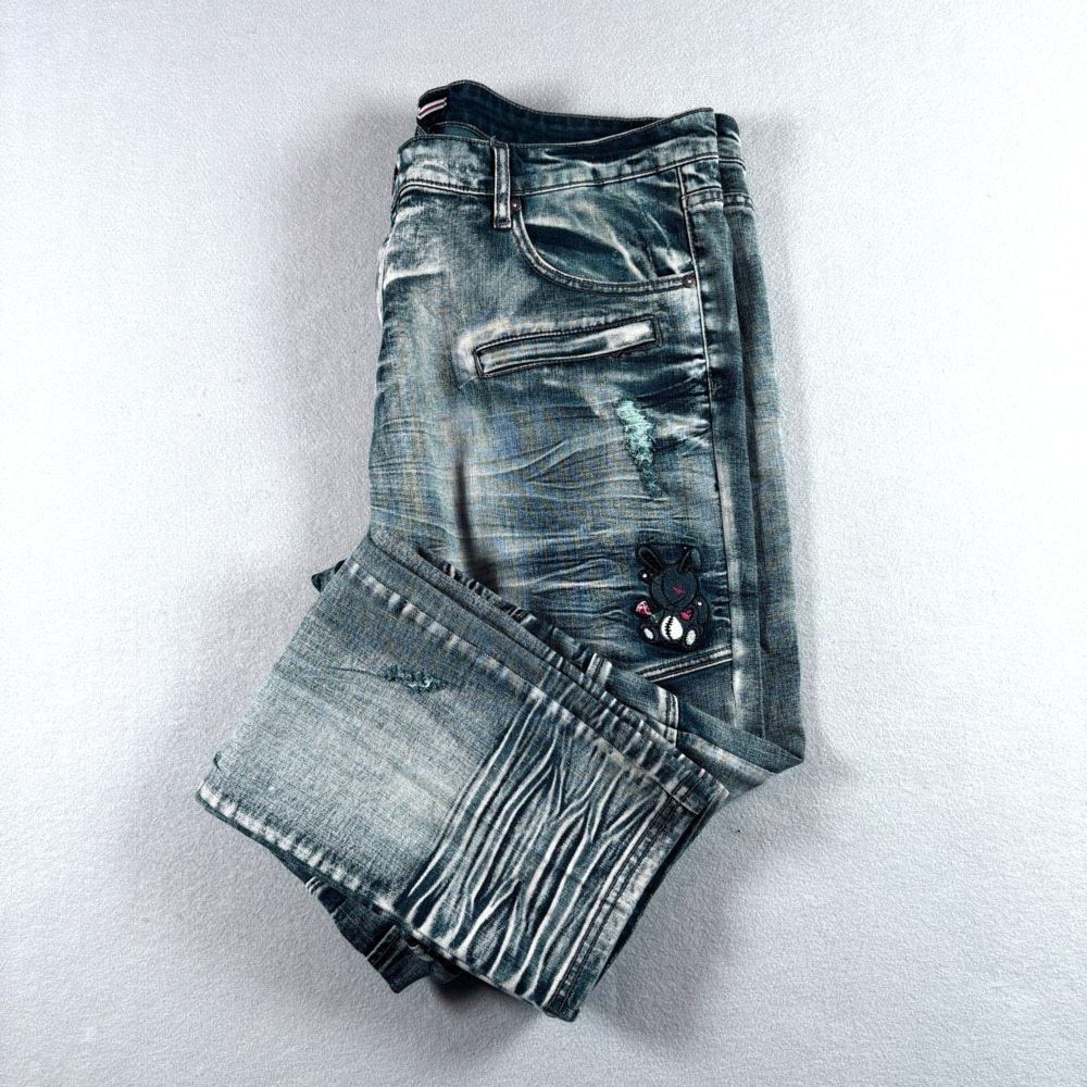 BKYS Lucky Charm Men's 40x32 Distressed Acid Wash Moto Jeans